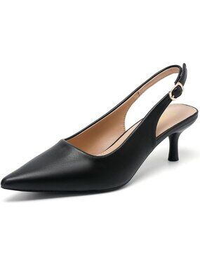 Women's Black PU Low Kitten Heel Slingback Pump Pointed Toe Heeled Sandals